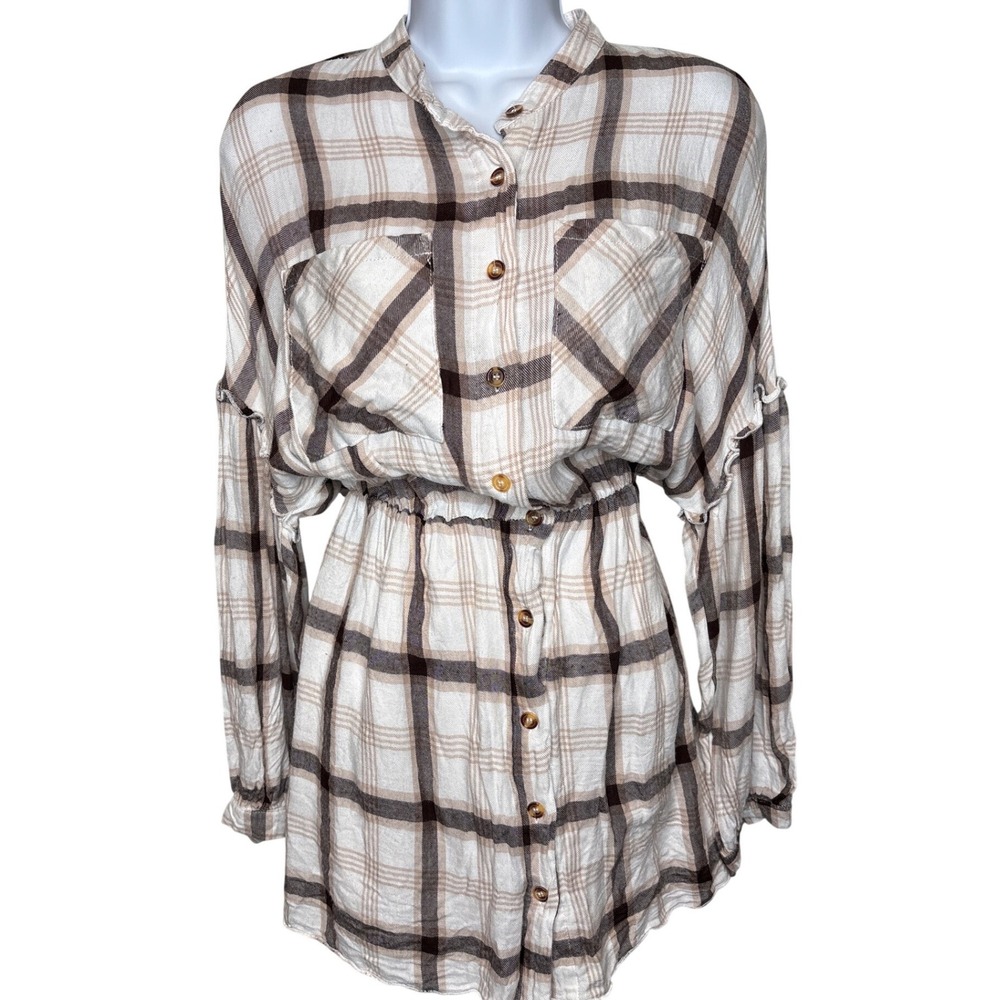 Talulah Womens White Brown Plaid Button Down Tunic Top Sz M Boho Ruffle Sleeve
